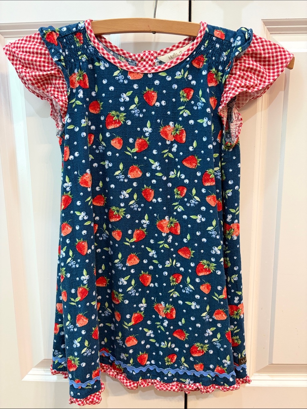 Matilda Jane Navy Strawberry Print Dress with Red Gingham Trim